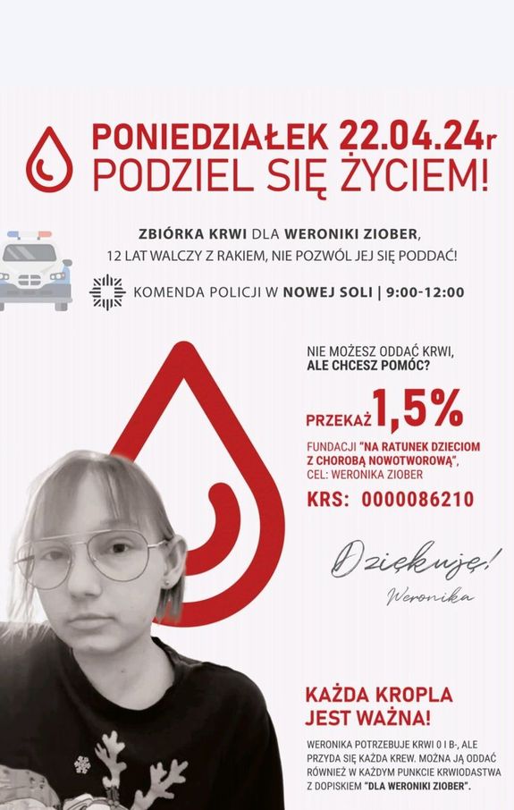 Plakat z informacją o zbiórce krwi dla Weroniki.